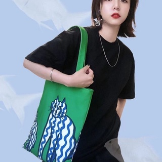 🎊พร้อมส่ง🍀🐋Classic Green Noodles Cat Print Large Capacity Shoulder Bag Mens and Womens Canvas Tote Bag