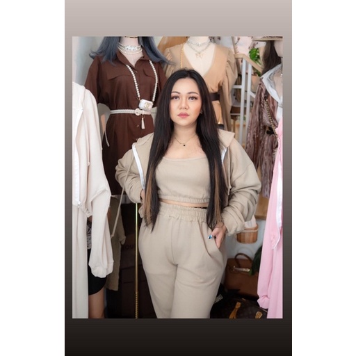 Muenfun เหมือนฝัน เซตสาวอวบ 3 ชิ้น เซตฮู้ดดี้ ครีม สาวอวบ