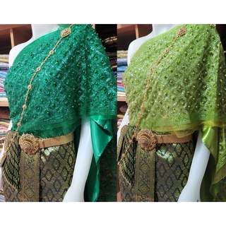 ชุดไทยสีเขียว​ ชุดไทยราคาถูก​(หน้านาง+สไบ​เรียบ​+สไบ​กากเพชร​ปัก​มุข)​