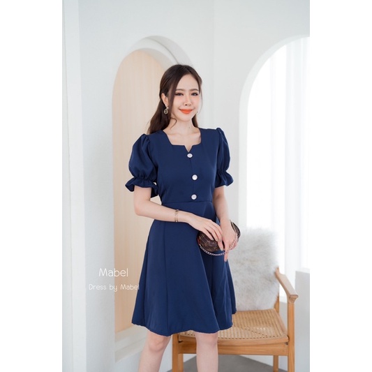 C72เดรสคอเหลี่ยม แขนตุ๊กตาติดกระดุมมุข ชายกระโปรงบานมีสายผูกเอว แบบน่ารักมาก - รูปที่ 3