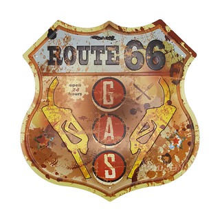 ป้ายสังกะสีวินเทจ Route 66 Gas Open 24 hours (ปั๊มนูน)