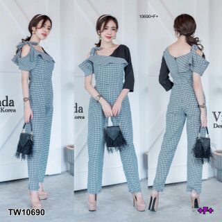 Jumpsuit จัํมสูทขายาวผ้าทอลายสก๊อตเนื้อดีอยู