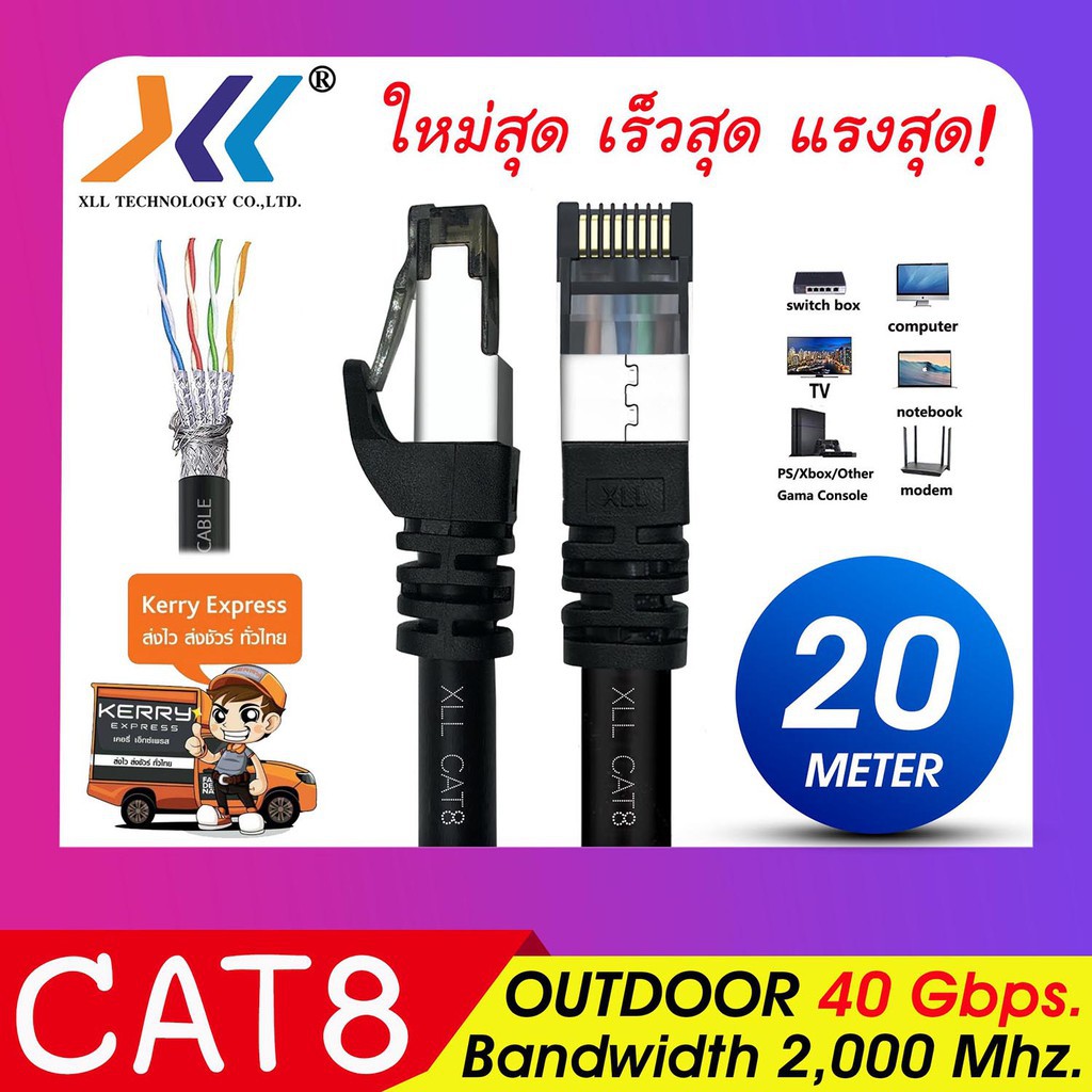 สายแลน CAT8 Outdoor ยาว 20 เมตร ความเร็วสูงสุด 40Gbps  สายสำเร็จรูปพร้อมใช้งาน เหมาะกับงานถ่ายโอนข้อ