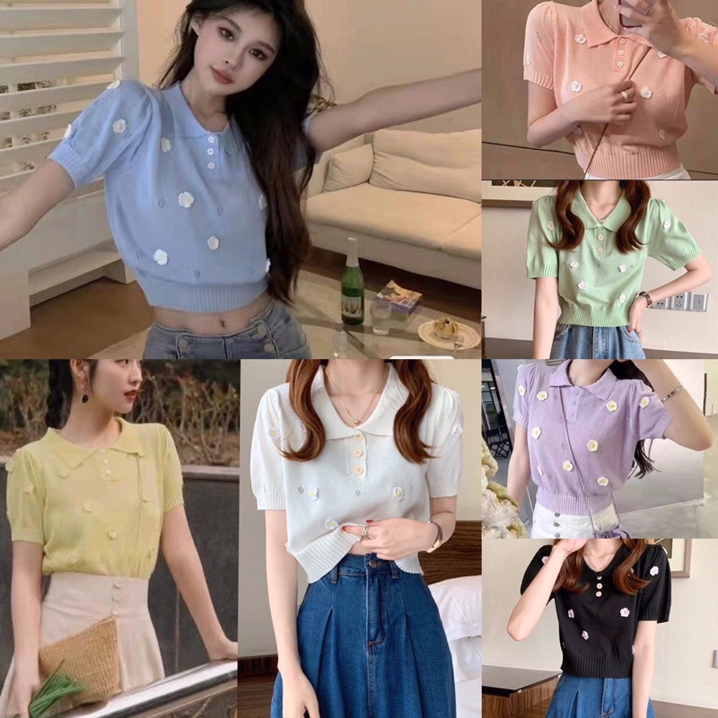 ttshop ​พร้อมส่ง​ ​เสื้อไหมพรมคอปก แขนสั้น ลายดอกไม้น่ารักสุดๆๆ