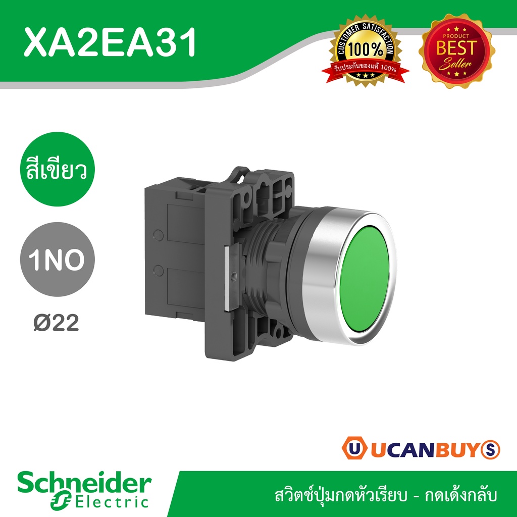 Schneider XA2EA31 สวิตซ์ปุ่มกดแบบหัวเรียบ-กดเด้งกลับ 1NO สีเขียว แบบพลาสติก - ชไนเดอร์ สั่งซื้อได้ที