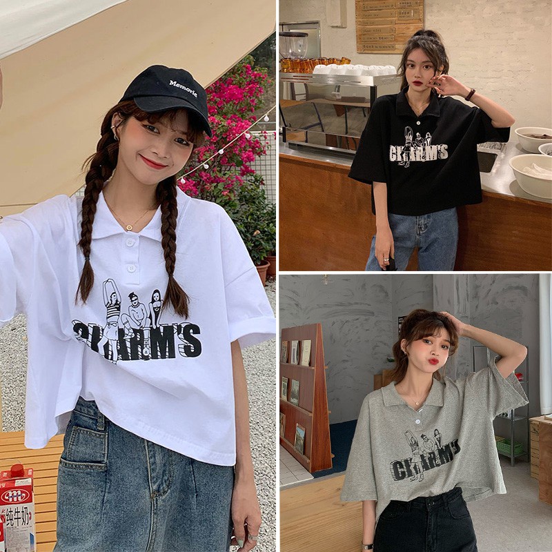 เสื้อแฟชั่นผู้หญิงน่ารัก เสื้อชีฟองผู้หญิง KSAพร้อมส่ง เสื้อครอปคอปกแขนสั้นวัยรุ่น oversized เสื้อแฟ