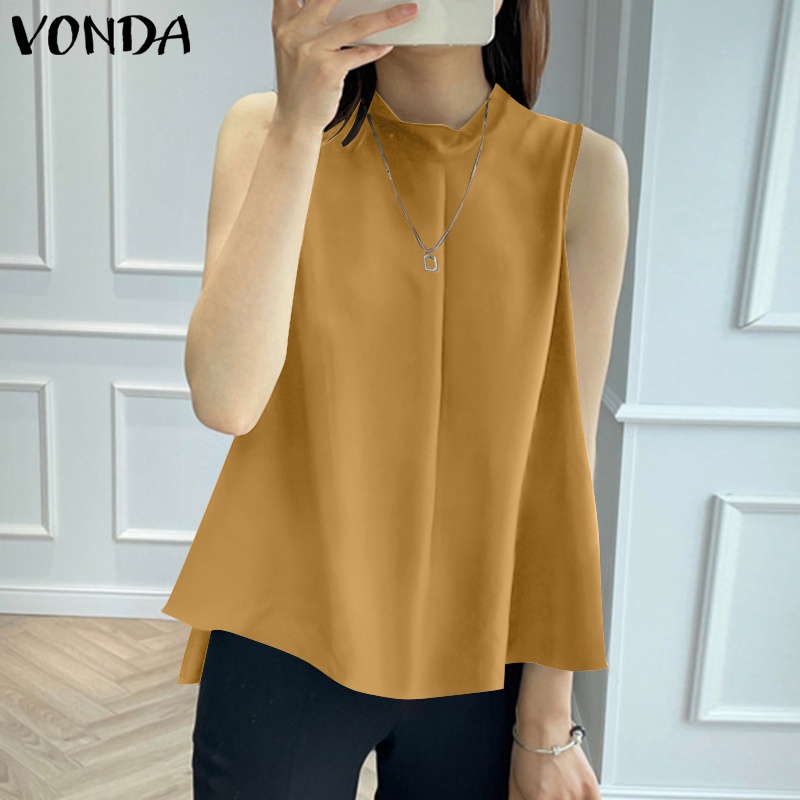 Vonda เสื้อเบลาส์ลําลอง แขนกุด คอกลม จับจีบ สีพื้น สไตล์เกาหลี แฟชั่นฤดูร้อน สําหรับผู้หญิง