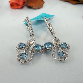 ต่างหูพลอย โทแพซ Blue Topaz ต่างหูผู้หญิง ต่างหูเงินแท้ 925 ชุบทองคำขาว เครื่องประดับคุณพลอย หรูหรา เพชรสวิส เกรดส่งออก