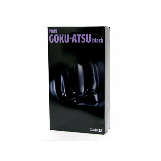 ถุงยางอนามัย ญี่ปุ่นแท้ 100% Okamoto Goku Atsu Black ถุงยางแบบบาง เพิ่มสารชะลอการหลั่ง ขนาด 52 มม. 12 ชิ้น