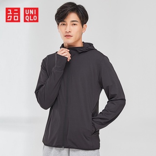 Uniqlo AIRism เสื้อแจ็กเก็ตคาร์ดิแกน มีฮู้ด ป้องกันรังสียูวี แบบพกพา น้ําหนักเบา มีซิป 3D สําหรับผู้ชาย
