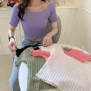 Women 🍎พร้อมส่ง🍎เสื้อแขนสั้น ปาดไหล่ ผ้าร่อง น่ารัก สไตล์เกาหลี(YI）