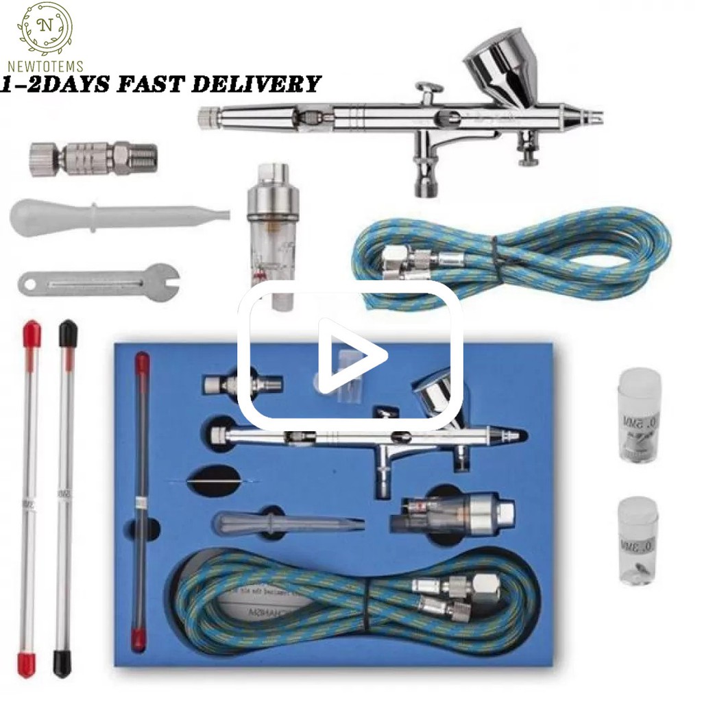 【READY STOCK】KKmoon Professional Dual Action Gravity Feed Airbrush Kit with 1.8m Hose 0.2mm/0.3mm/0.