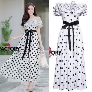 Factory Maxi Dress ปาดไหล่ มุ้งมิ้งมากกก ทรงสวยน่ารัก พิมลายจุดผูกเอวโบว์ สวยรับประกัน ผ้าหนา ซับทั้ง เสื้อผ้าแฟชั่นผู้ห