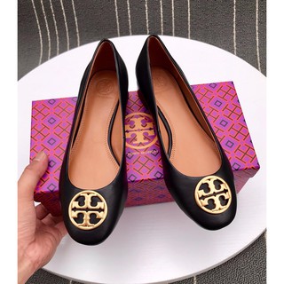 Toryburch(ทอรี เบิร์ช)  female solid round-toe low thick heel shoe easily-matched womens single shoe