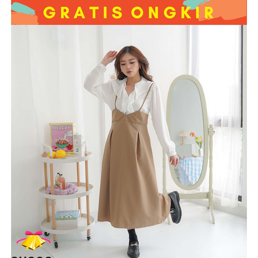KEMEJA COTTONBELLS CASUAL DRESS WOMEN SUSPENDER SHIRT JISHO PLAID MAXI (LQ - D 4591)