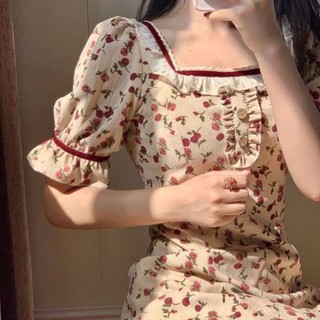 จัดส่งรวดเร็ว # 🌰🧅 Super fairy dress small retro French square collar floral platycodon skirt 2021 new look skirt