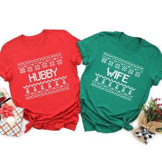 เสื้อยืดผ้าฝ้าย เสื้อยืดคริสต์มาสChristmas Couple T-Shirts Wife Hubby Couple Matching T-Shirt Christmas TShirt