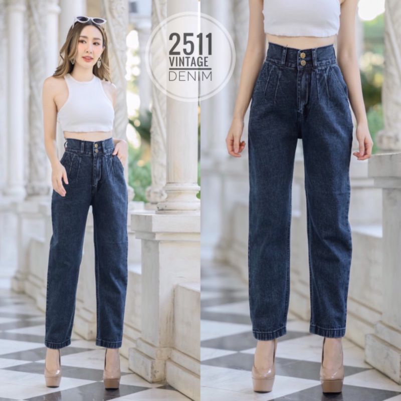 Mini Jeans กางเกงยีนส์เอวสูงขากระบอกเล็กกึ่งกระบอกกลางทรงขาตรง เอวสูงมาก