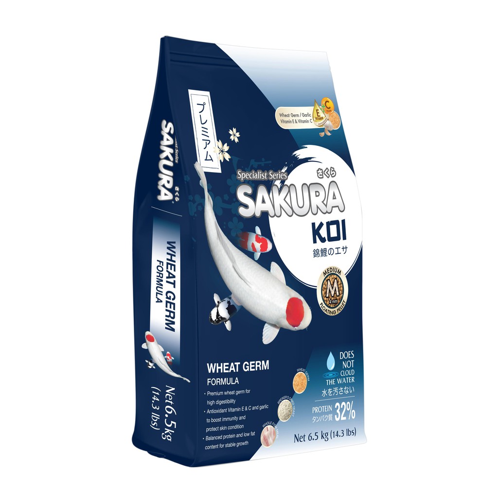 ซากุระโค่ย อาหารปลาคาร์ฟ SAKURA KOI สูตรวีทเจริ์ม โปรตีน32% เหมาะสำหรับช่วงเปลี่ยนฤดู ขนาด 6.5 kg.
