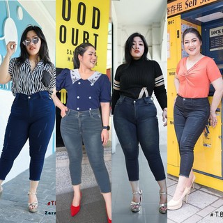 กางเกงยีนส์เอวสูงผ้ายืดขา8ส่วน สาวBig size