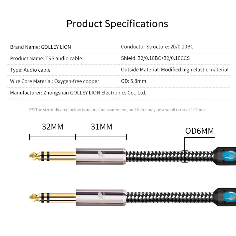 Golley Lion สายเคเบิ้ลเสียงสเตอริโอ Trs Male To Male Balanced 1/4 นิ้ว 6.5 มม. สําหรับเบสแอมป์สีขาว
