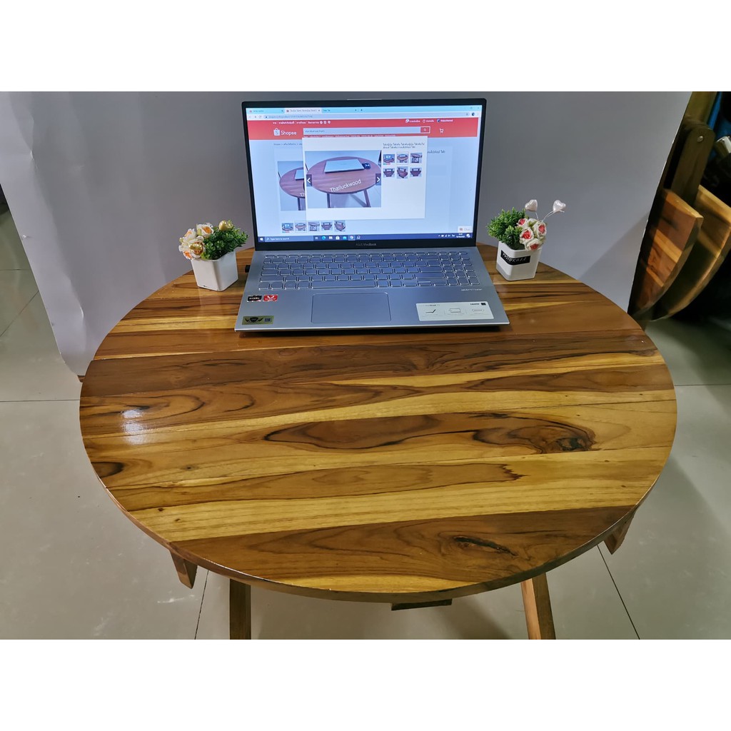 โต๊ะพับญี่ปุ่น ไม้สักแท้ วางแล็ปท๊อป โต๊ะอเนกประสงค์ วางโน๊ตบุ๊ค ทรงกลม