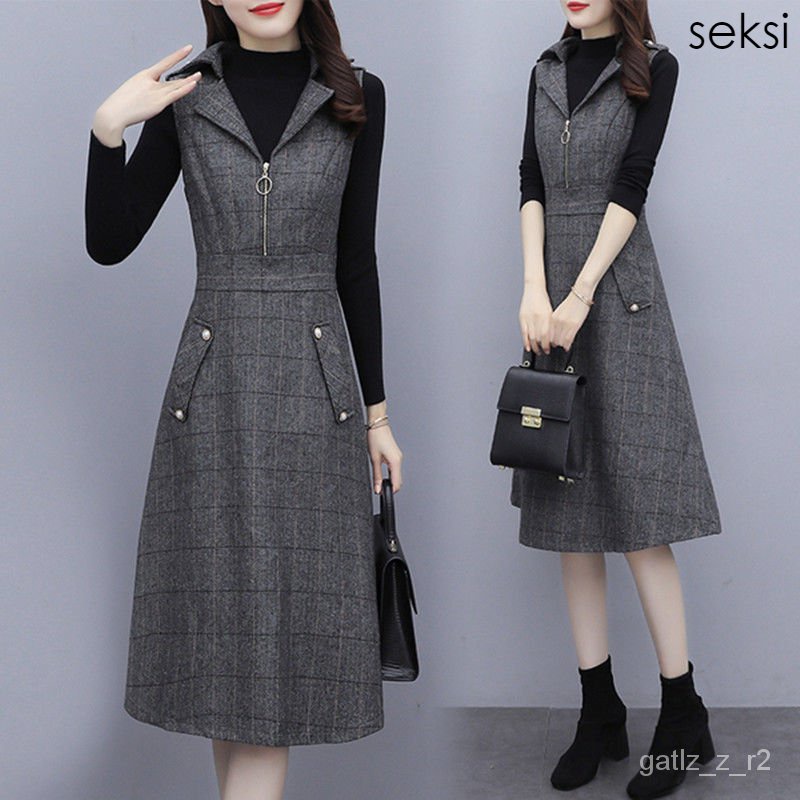 One Piece Skirt Suit Vest Female Autumn And Winter Woolen Plaid Sleeveless Dress Was Thin Outer Wear Long Section Of A Shopee Thailand