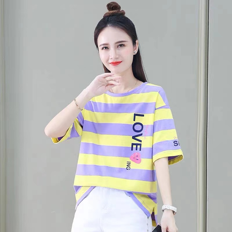 เสื้อยืดแฟชั่นผู้หญิงลายทางแขนสั้นคอกลม เนื้อผ้าดีใส่สบาย! New Fashion women's #HAN SY SOCIETY