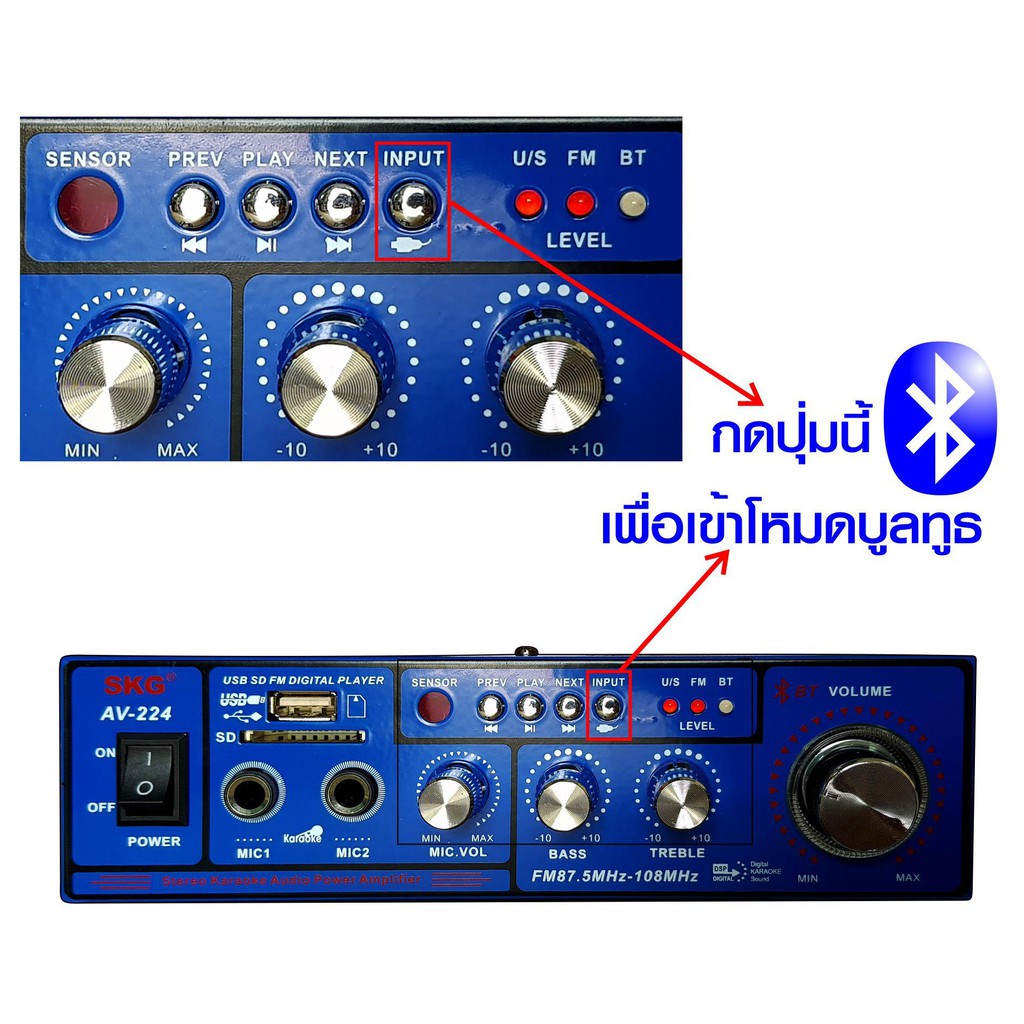 SKG เครื่องแอมป์ขยายเสียง 1200 W รุ่น AV-224 (สีฟ้า)
