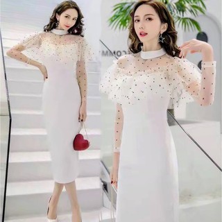 Caviar White Dress ชุดเดรสยาว ชุดเดรสสีขาว ชุดออกงาน ชุดทำงาน เดรสผู้หญิง