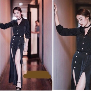 * Jumpsuit ขายาว เสื้อคอกลมแขนยาว กระดุมหน้า กระเป๋าหน้า