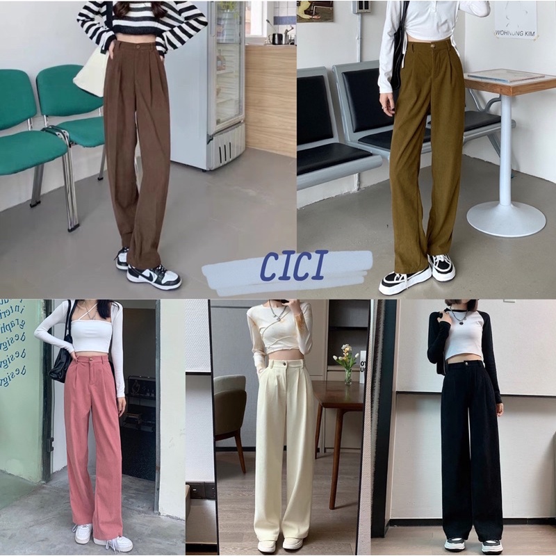 ส่งทันที Cici(SALE. 5006)กางเกงขายาวทรงกระบอกเอวสูง ผ้าลูกฟูก เอวเข้ารูปใส่แล้วเก็บทรงสวย สไตล์บอยๆ