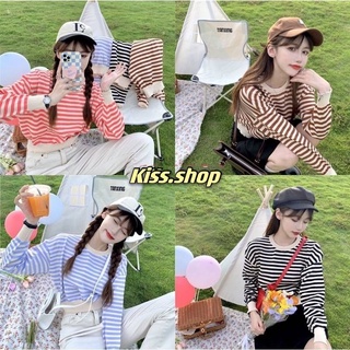 🌈พร้อมส่ง🌈เสื้อยืดคอกลมแขนยาวลายทางผ้ายืดได้เยอะมาก(9681)