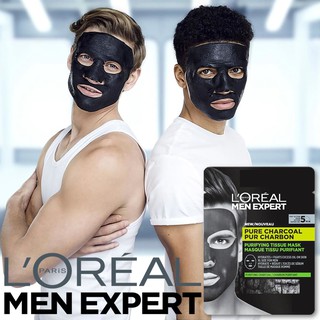 L’Oreal Men Expert Pure Charcoal Purifying Tissue Mask 30g. แผ่นมาส์คดีท็อกซ์ผิวหน้ากระจ่างใสสำหรับผู้ชายสูตรชาโคล