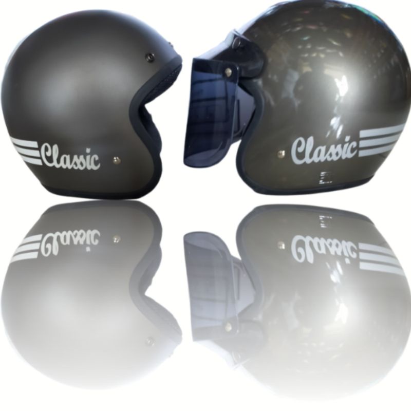 หมวกกันน็อค Bogo ลายคลาสสิกเคลือบเงาสีเทาด้าน SNI Standard Plus แก้วแบนหรือกระจกนูน || Siize ML และ 