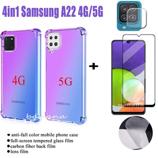 4in1 tempered glass film For Samsung Galaxy A22 4G A 22 5G Case with tempered glass 3D feel brushed phone case color four-corner anti-fall mobile phone case+back film+tempered glass film+lens film