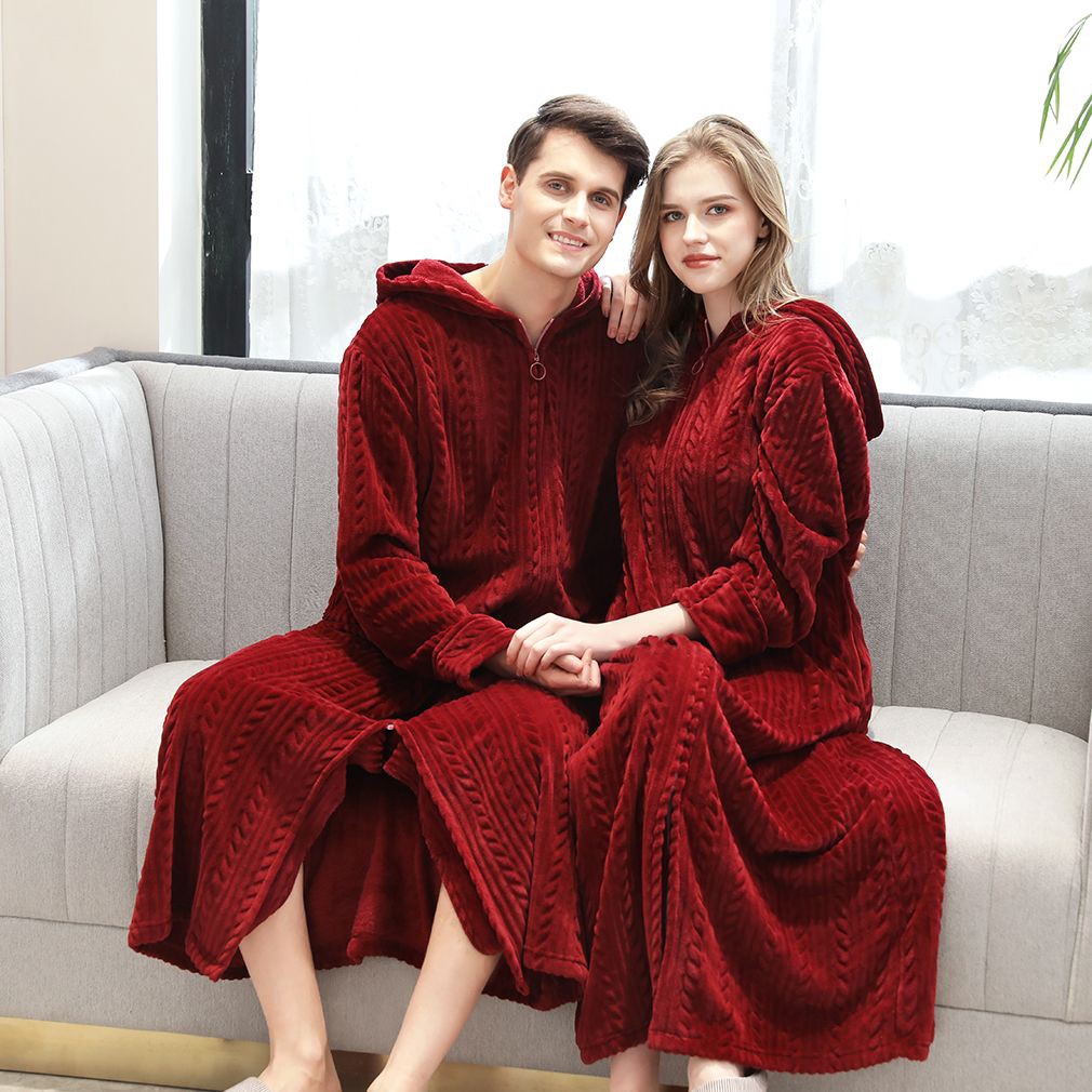Mens Zipper Fleece Robe With Hood Soft Full Length Long Bathrobe Coat Pajamas Sleepwear Spa Bath 