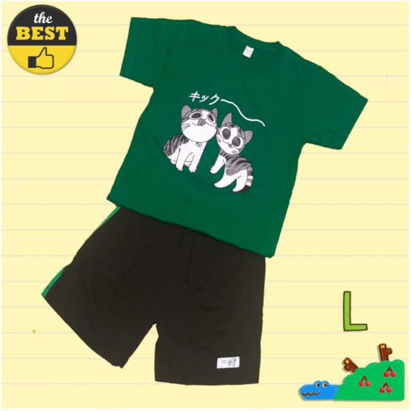 ชุดเสื้อกางเกงเด็ก สีเขียวลายแมวจี้ อายุ 6-8 ปี
