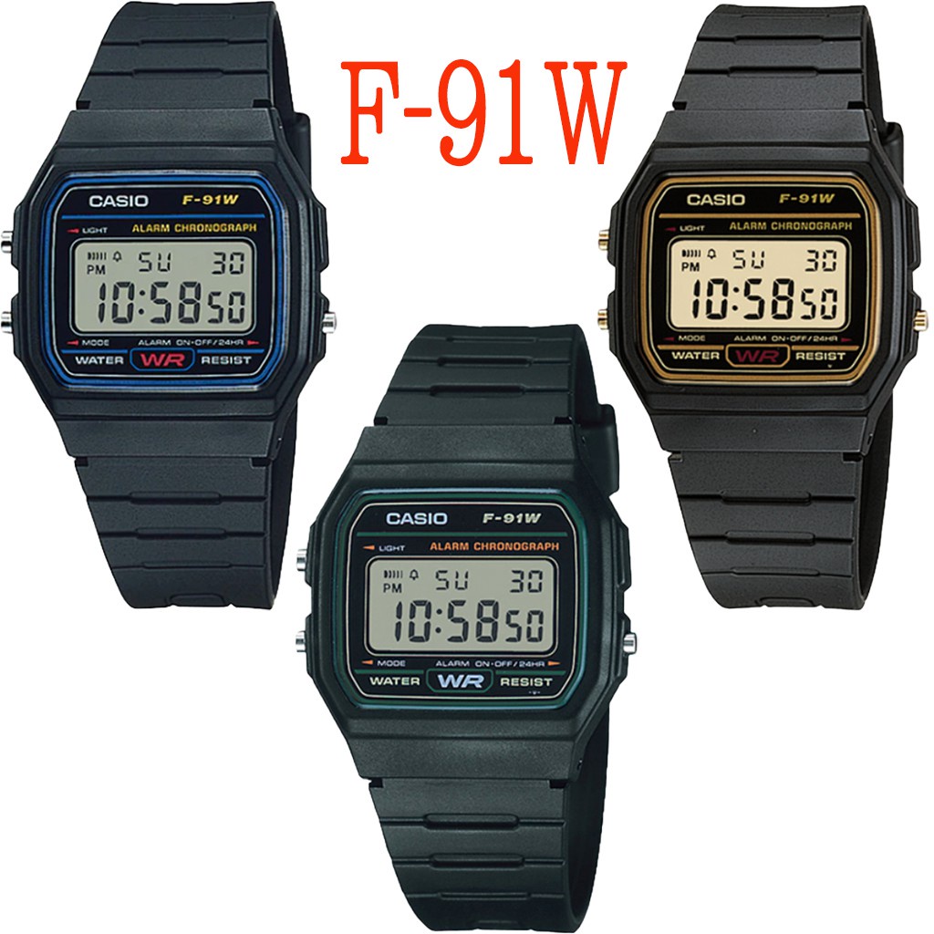 นาฬิกาคู่ GRAND EAGLE Casio นาฬิกาดิจิตอล นาฬิกาข้อมือผู้หญิง สายสายเรซิน รุ่น F-91W 3สี สีนำ้เงิน,สีเขียว,สีทอง ของแท้