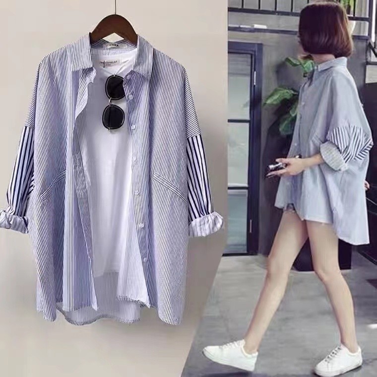 เสื้อเชิ้ต oversize คอปก MU2653 เชิ้ตลายทาง ใส่สบายๆ สไตล์เกาหลี Freesize