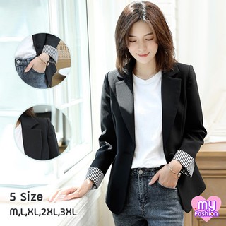 🎴MYF มาใหม่🎴เสื้อสูทสีดำ ปลายแขนแต่งลายริ้ว มีไซส์ให้เลือก