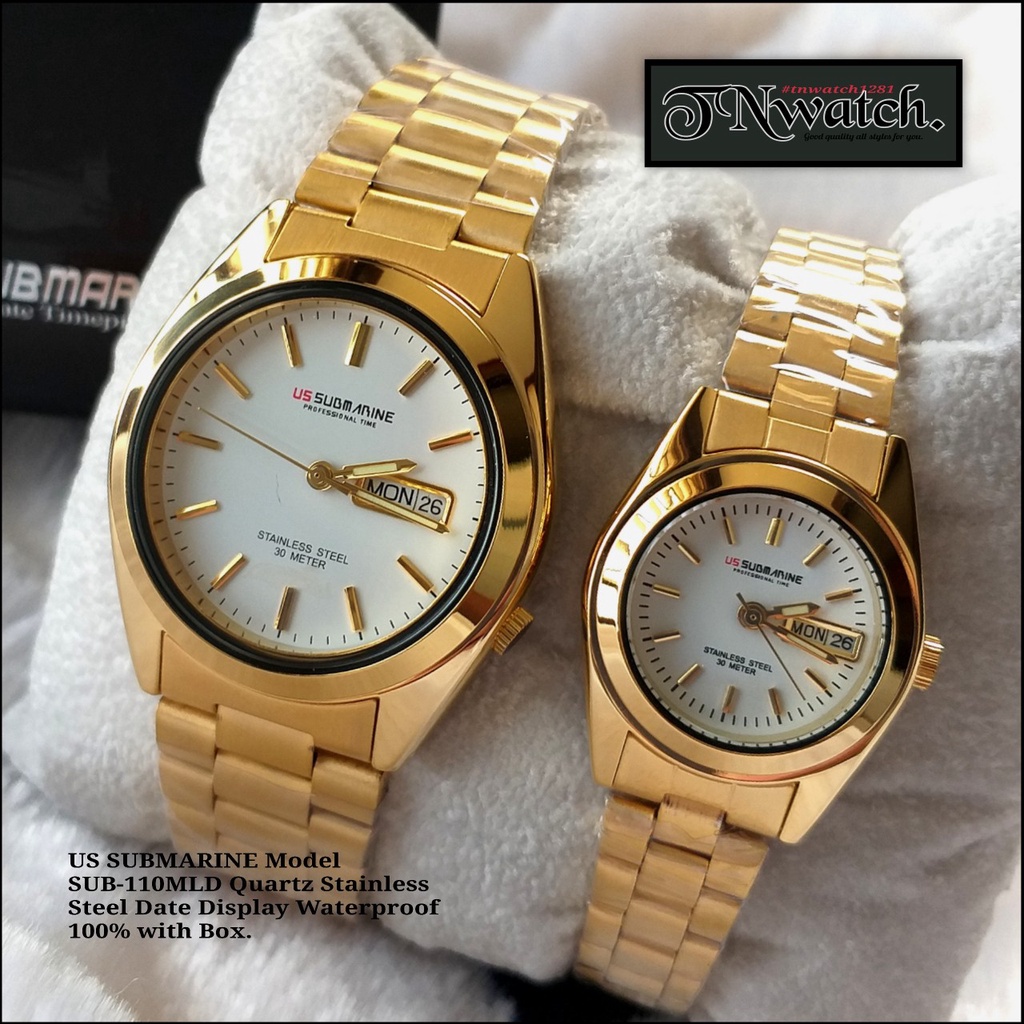 ซื้อคู่ถูกกว่า นาฬิกาคู่รัก US SUBMARINE รุ่น SUB-110MLD นาฬิกาควอทซ์ มีวันที่ สายทองสแตนเลสติล มีวันที่ กันน้ำ
