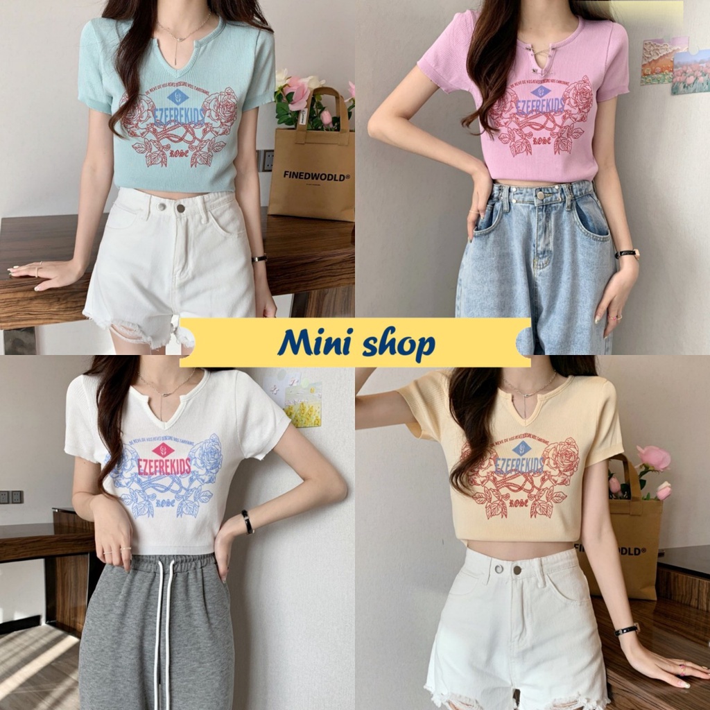 Mini shop พร้อมส่ง (59211) เสื้อครอปไหมพรมแขนสั้น แถวเข็มกัดน่ารัก ผ้านิ่ม