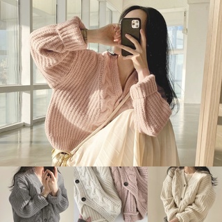 F1🚀ส่งไว เสื้อคลุมไหมพรมถักลอนเกลียวหนา 3 สี กระดุมหน้า