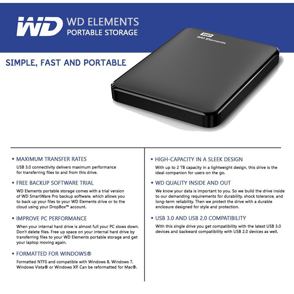 Original 1TB2TB External Hard Disk 2.5 Portable HDD WD Elements