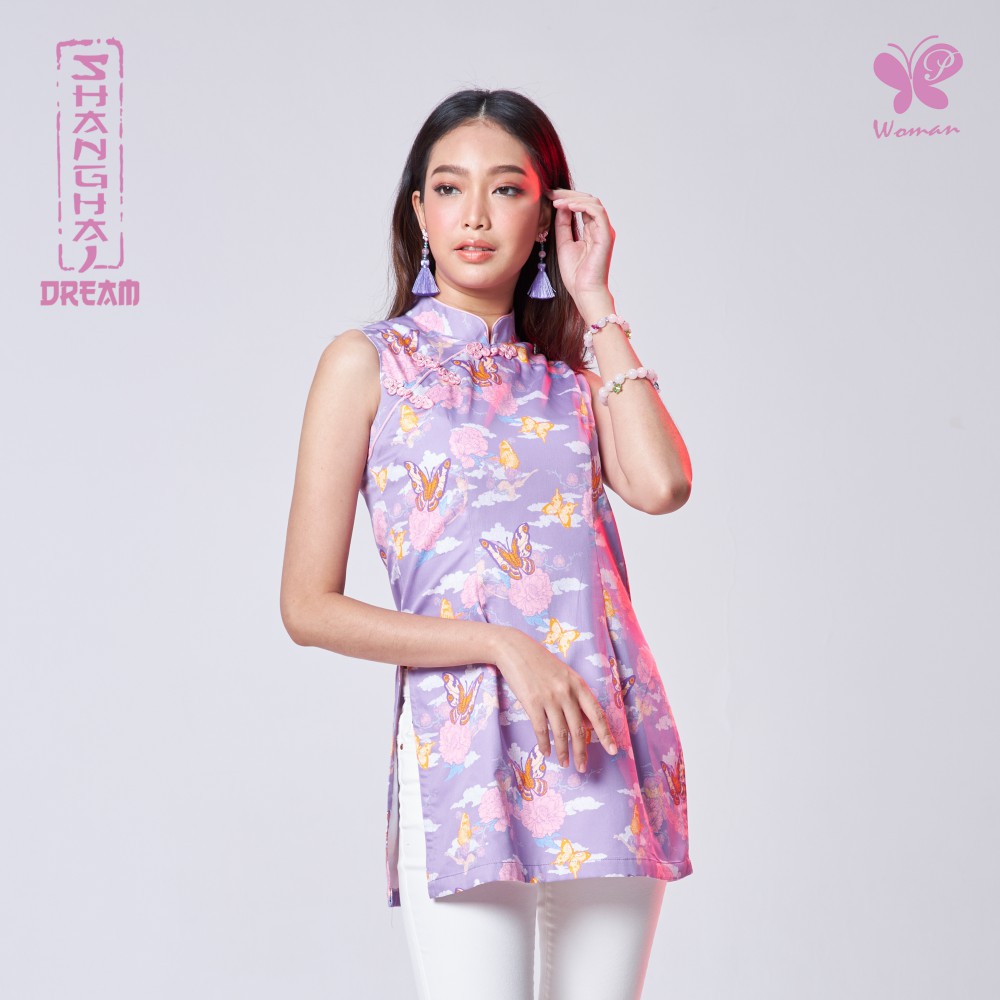 Papillon Woman Shanghai Dream Satin Tunic เสื้อตรุษจีน พิมพ์ลายผีเสื้อและดอกไม้