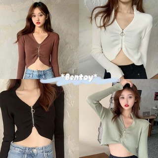 Bentoy*พร้อมส่ง*เสื้อครอปเซ็กซี่แขนยาวคอปกมีซิปรูดหน้าไหมพรมNO.25016