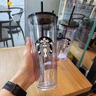 Starbucks กาแฟฟางถ้วยโลโก้คลาสสิกที่มีฝาปิดสองชั้นหนา Starbucks แก้ว INS ขวดน้ำที่เรียบง่ายผู้ชายและผู้หญิงถ้วยพลาสติกใส flowerdance