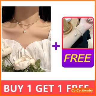 【ซื้อ 1 Get 1 】สร้อยคอสร้อยข้อมือสร้อยข้อมือจี้ไข่มุกคู่สไตล์เกาหลีสําหรับผู้หญิง