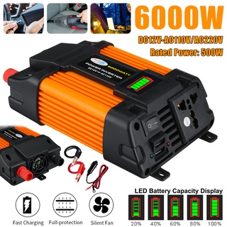 หม้อแปลงแปลงแรงดันไฟฟ้า DC 12V เป็น AC 220V 110V 2 USB ซ็อกเก็ตไฟ LED 6000W สําหรับรถยนต์